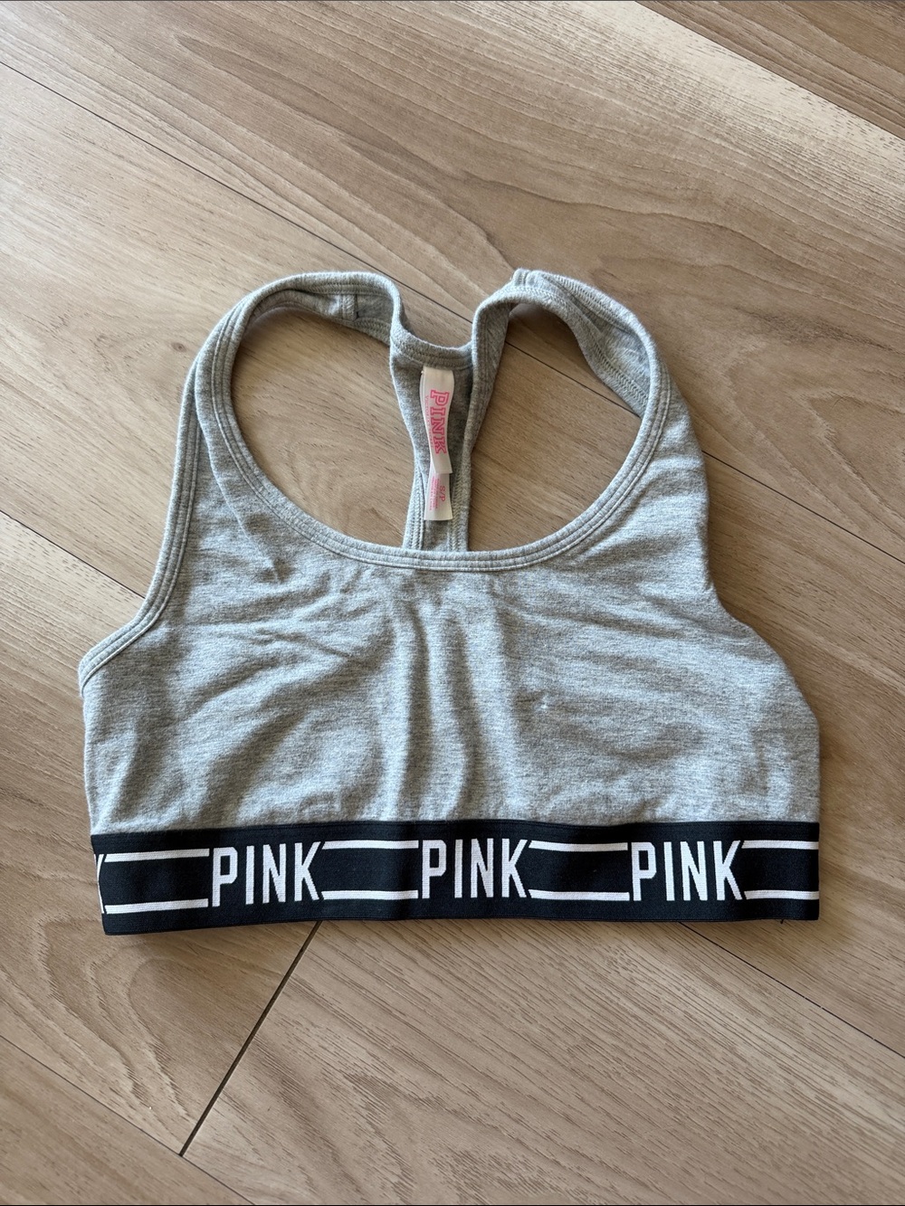 PINK Victoria's Secret Gray Racerback Sports Bra with Black Branded Band